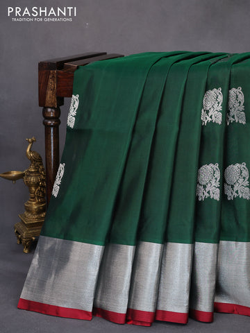 Venkatagiri silk saree dark green and maroon with silver zari woven buttas and silver zari woven border