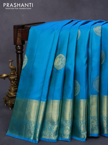 Pure kanjivaram silk saree dual shade of blue with annam zari woven buttas and rich zari woven border