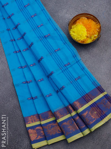 Bengal cotton saree cs blue and blue with thread & zari woven buttas and copper zari woven border without blouse