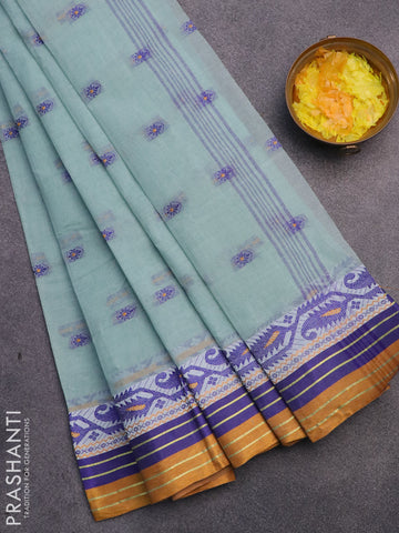 Bengal cotton saree pastel blue and mustard shade with thread woven buttas and thread woven border without blouse