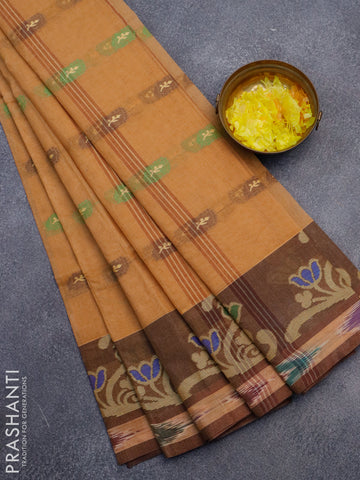 Bengal cotton saree sandal and brown with thread woven buttas and thread woven ikat border without blouse