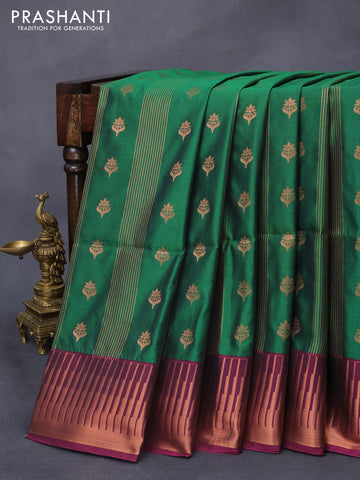 Semi kanjivaram soft silk saree green and dual shade of pinkish orange with allover zari weaves & buttas and temple design copper zari woven border