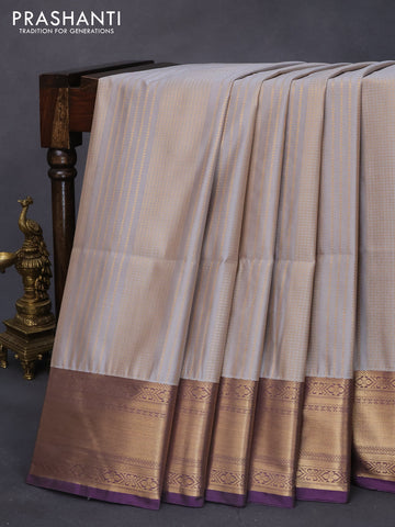 Semi kanjivaram soft silk saree grey and deep violet with allover zari woven brocade weaves and zari woven border