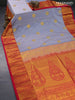 Semi kanjivaram soft silk saree grey and pink with allover zari weaves & buttas and long floral zari woven border