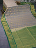 Semi kanjivaram soft silk saree grey and green with allover zari woven buttas and annam zari woven border