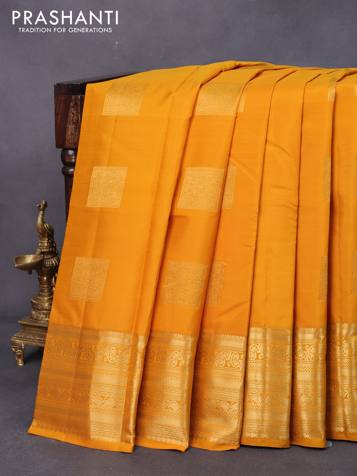 Pure kanjivaram silk saree mustard yellow and dual shade of pinkish orange with zari woven box type buttas and zari woven border