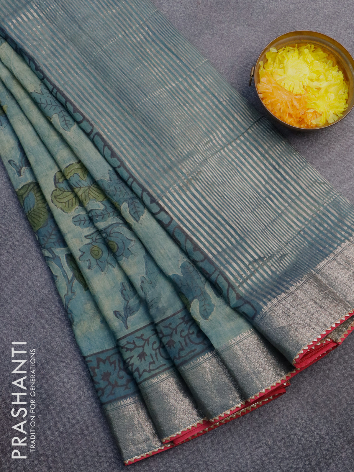 Chanderi silk cotton saree pastel blue shade and pink with natural vegetable prints and zari woven gotapatti lace border