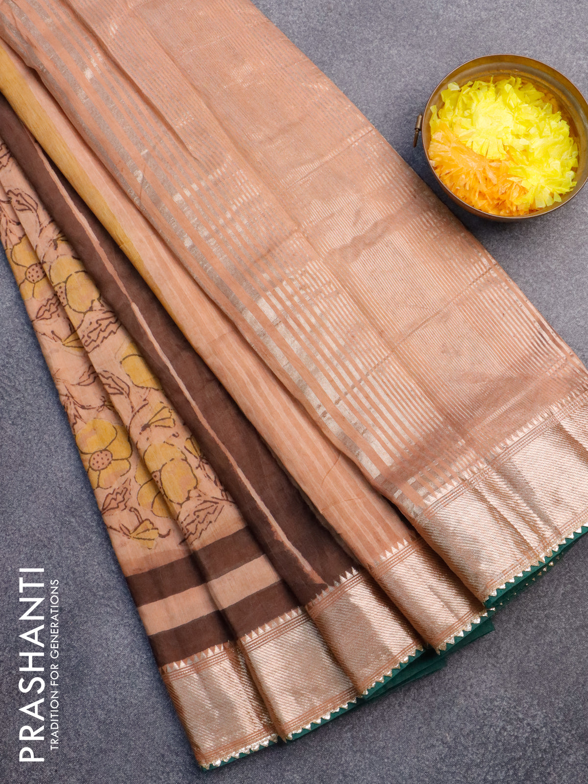 Chanderi silk cotton saree pastel peach and green with natural vegetable prints and zari woven gotapatti lace border