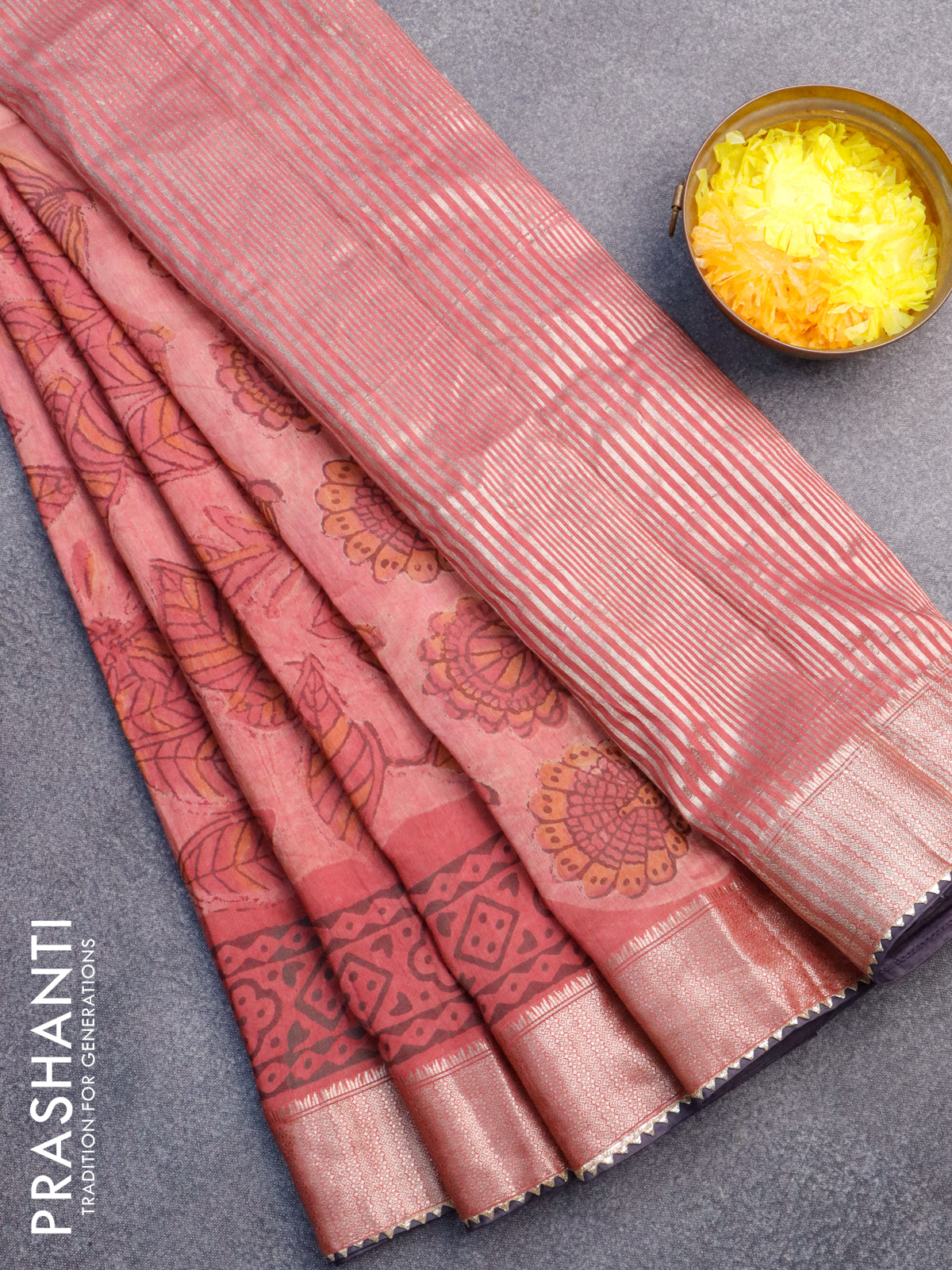 Chanderi silk cotton saree pastel pink shade and grey with natural vegetable prints and zari woven gotapatti lace border