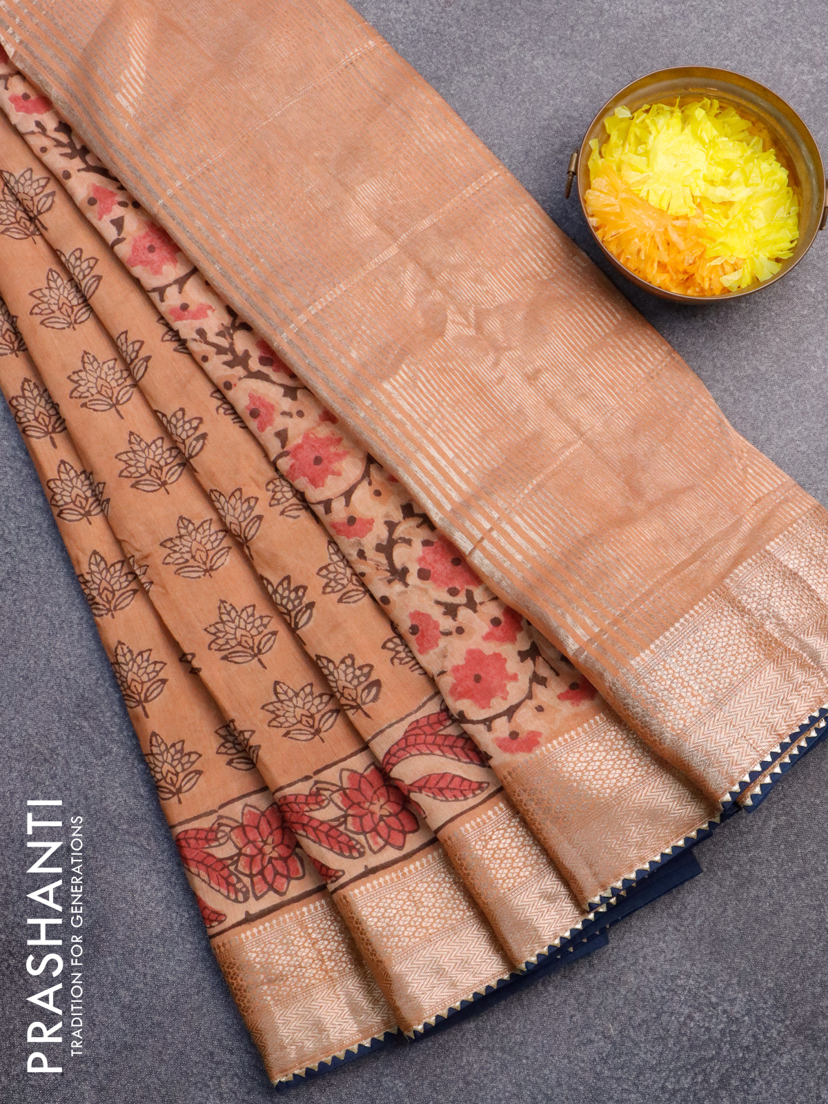 Chanderi silk cotton saree pastel peach and peacock blue with natural vegetable butta prints and zari woven gotapatti lace border