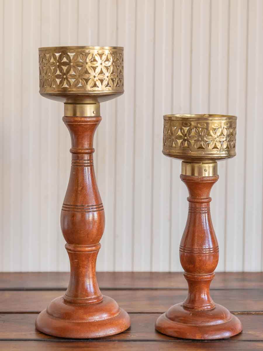 Set of 2 - Jwala Wooden Base Cutwork Metal Candle Stand