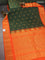 Pure gadwal silk saree bottle green and orange with allover checked pattern & zari buttas and temple design zari woven border