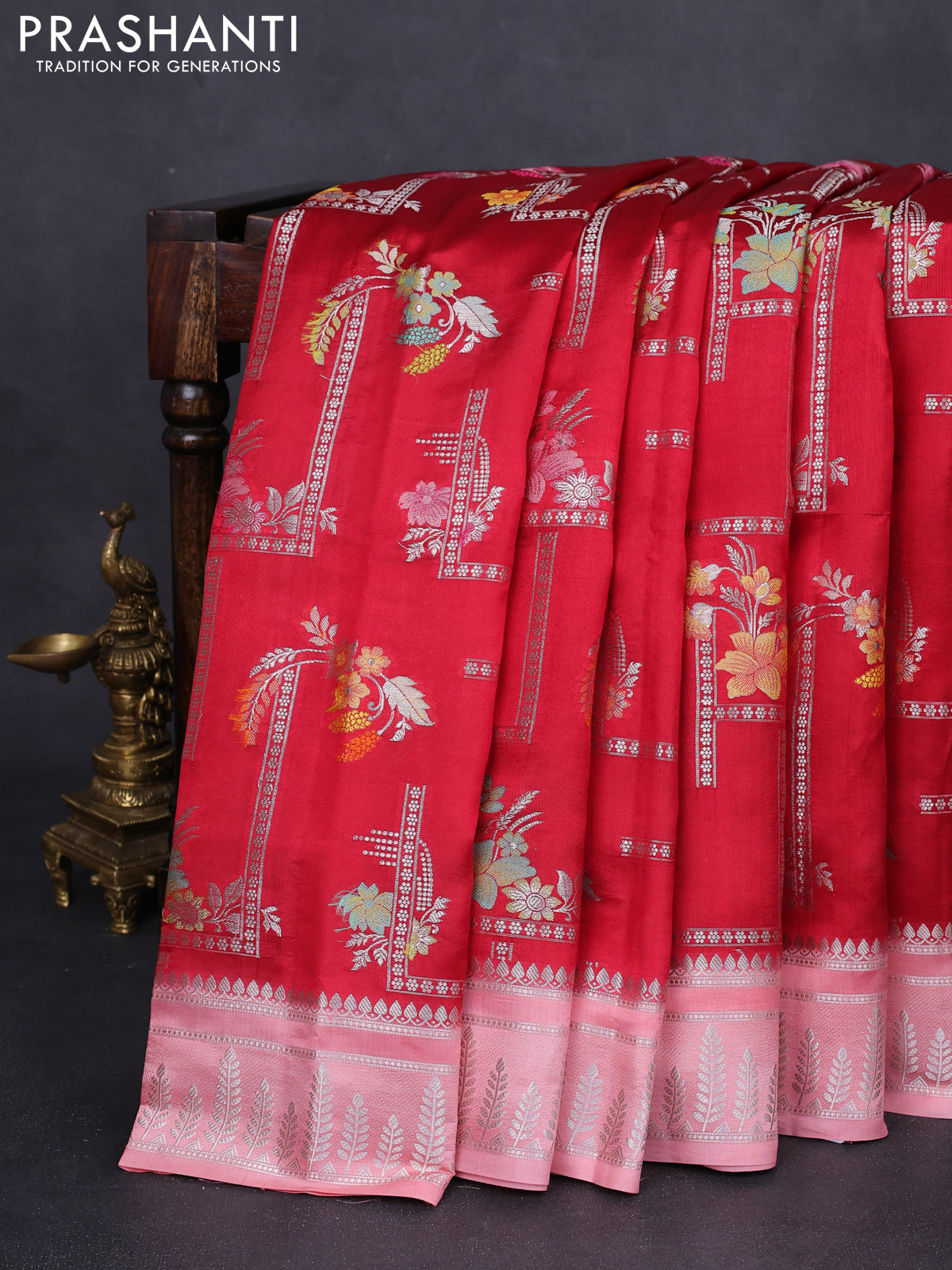 Banarasi poona silk saree red and peach shade with allover thread & silver zari weaves and silver zari woven border