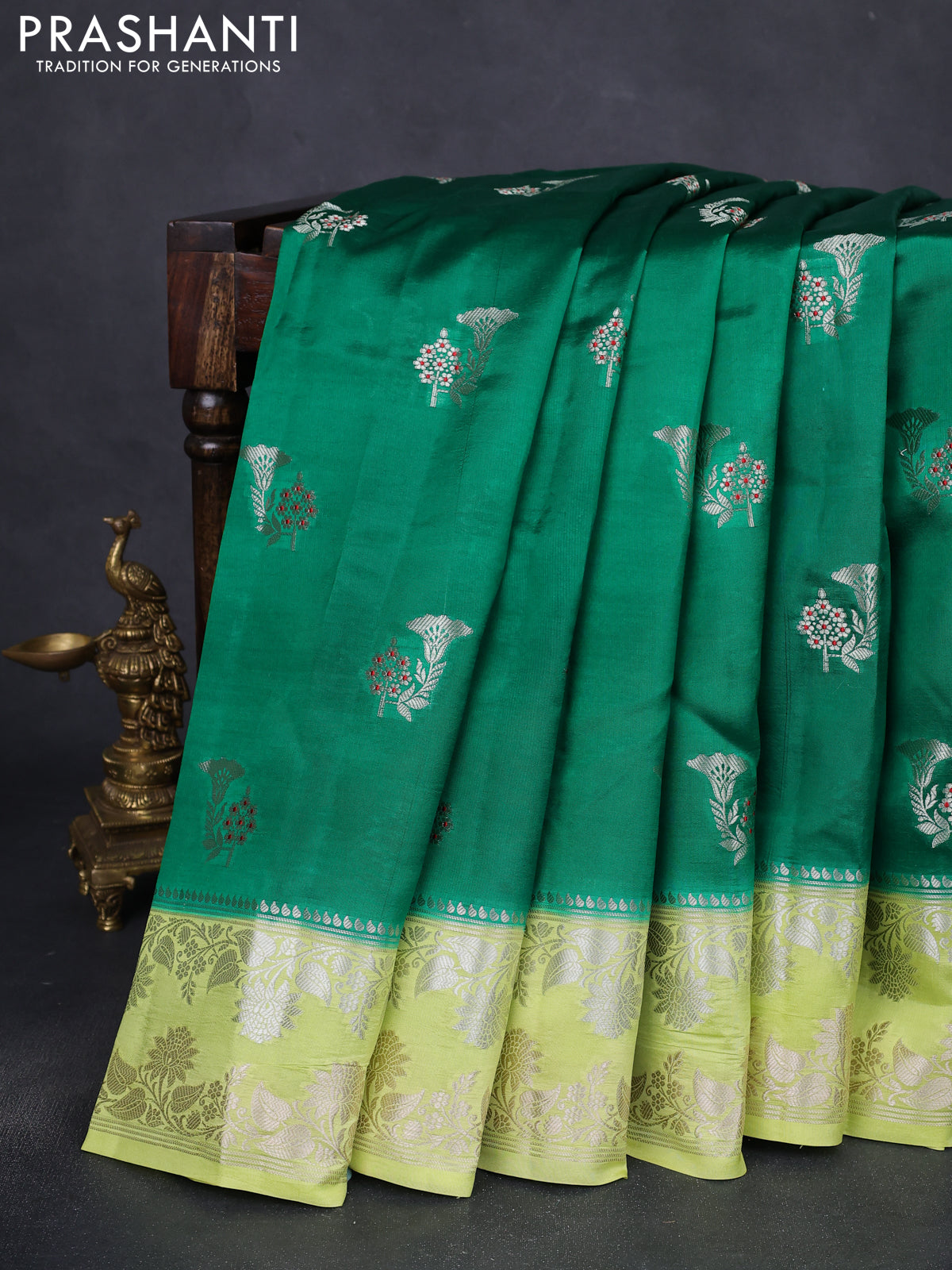 Banarasi poona silk saree green and lime yellow with zari woven buttas and zari woven border