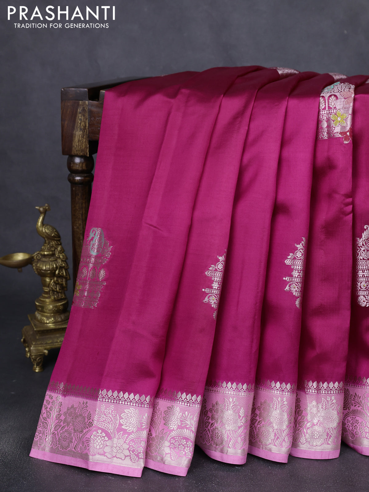 Banarasi poona silk saree dark pink and light pink with thread & zari woven buttas and zari woven border