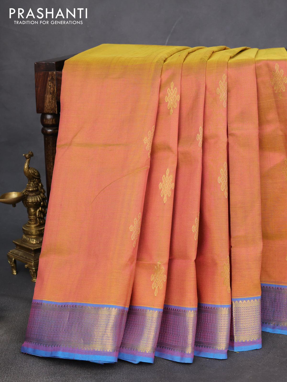 10 yards silk cotton saree dual shade of mustard and cs blue with zari woven buttas and zari woven border