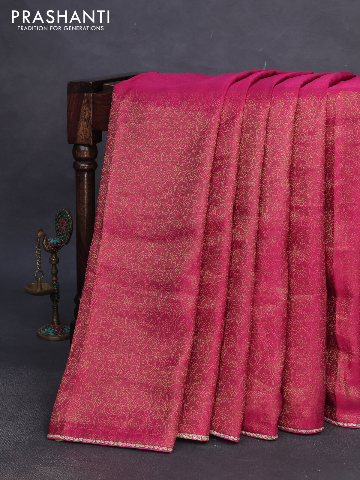 Banarasi semi crepe saree pink with allover zari woven brocade weaves and lace work border