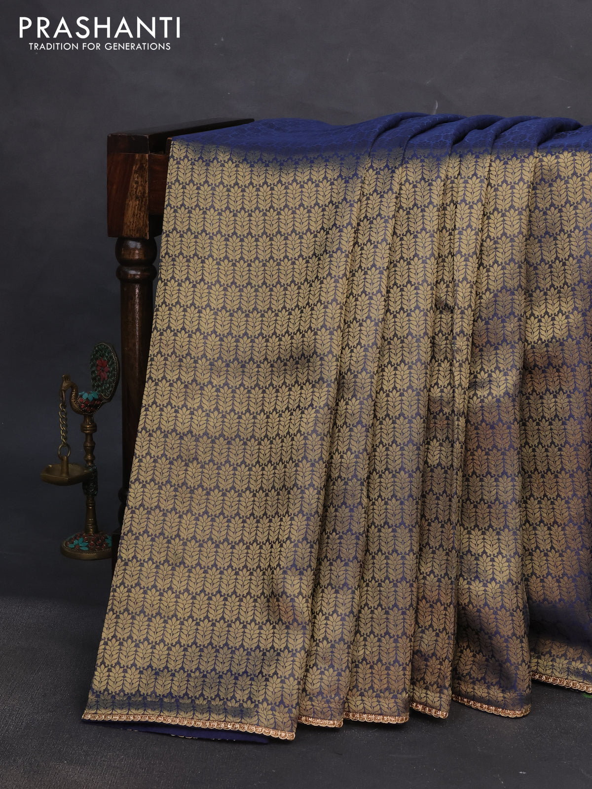 Banarasi semi crepe saree peacock blue with allover zari woven brocade weaves and lace work border