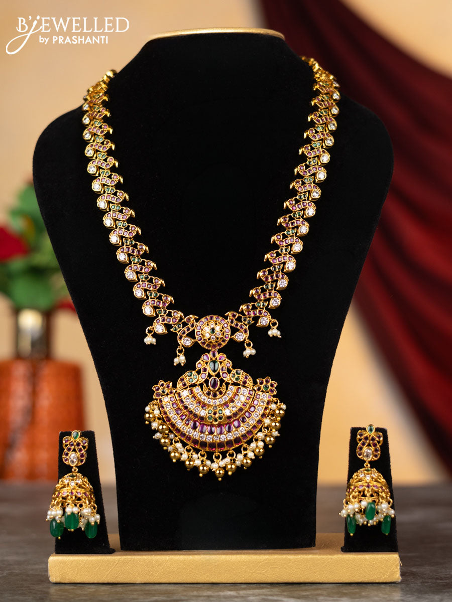 Antique haram peacock design with kemp & cz stones and pearl & golden beads hangings