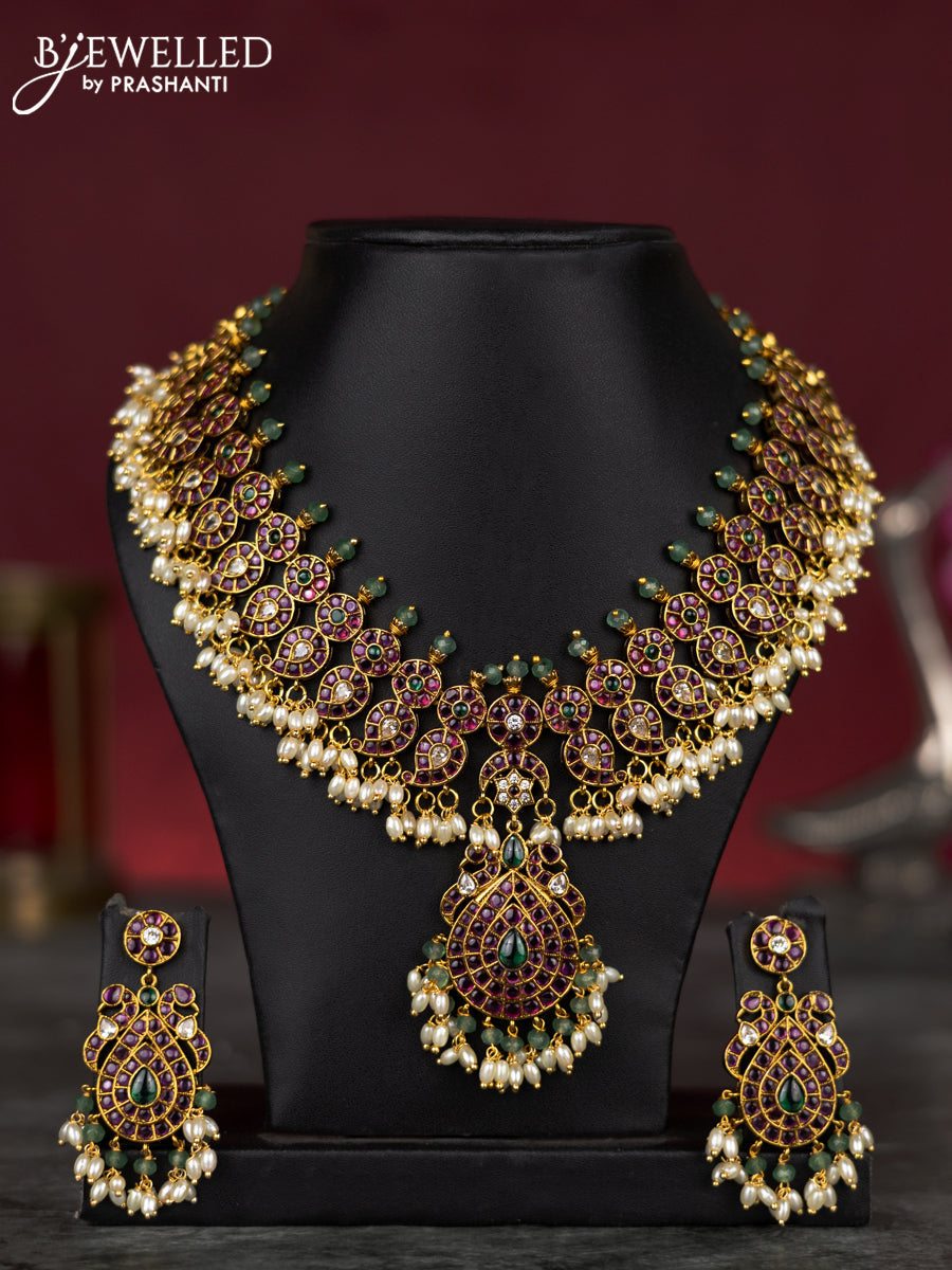 Antique guttapusalu necklace manga pattern with kemp & cz stones and pearl hangings