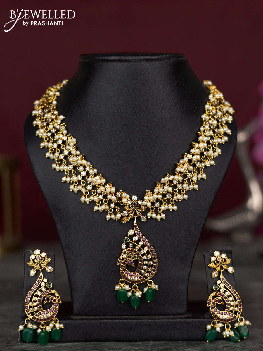Antique guttapusalu necklace peacock design with kemp & cz stones and pearl & green beads hangings
