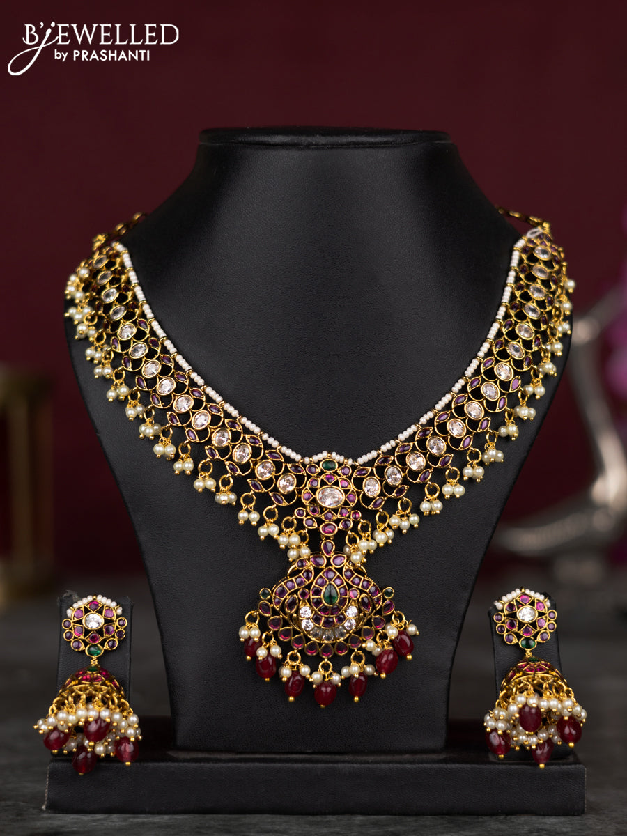 Antique guttapusalu necklace changable pendant with kemp & cz stones and pearl & pink beads hangings