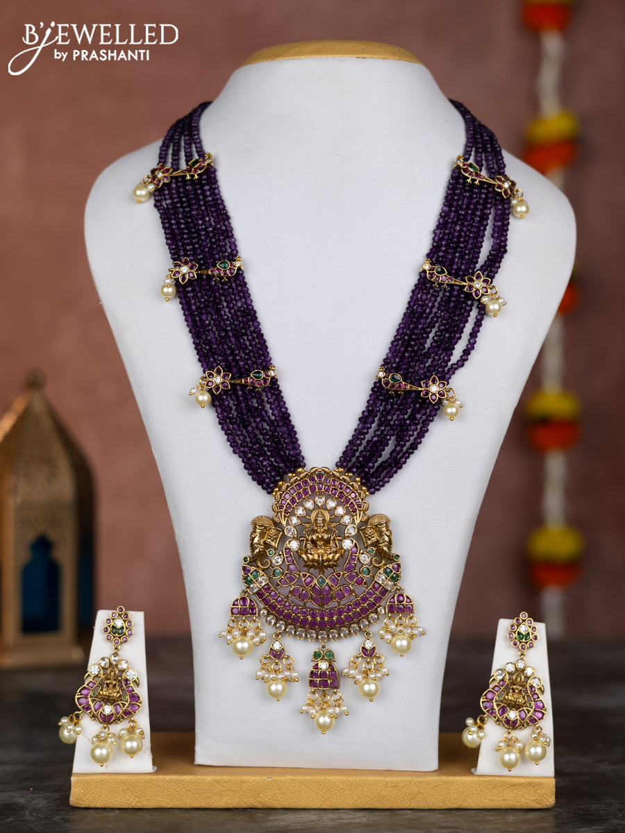 Beaded multilayer violet necklace lakshmi pendant with kemp & cz stones and pearl hangings