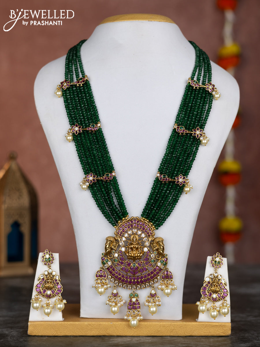 Beaded multilayer green necklace lakshmi pendant with kemp & cz stones and pearl hangings