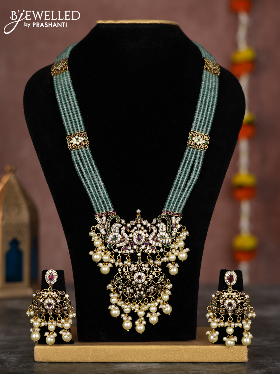 Beaded multilayer mint green necklace with zircon ,kemp & cz stones and pearl hangings