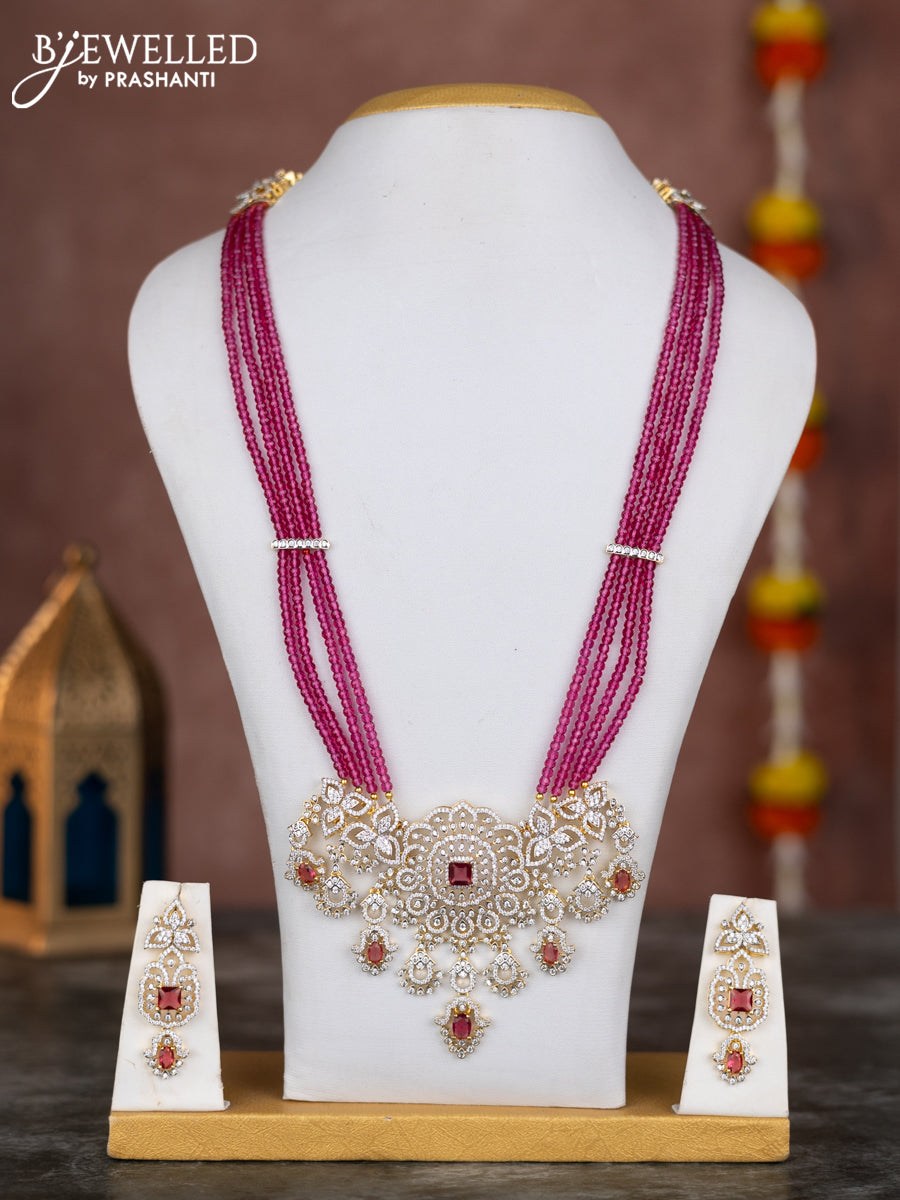 Beaded multilayer pink necklace with ruby & cz stones and hangings