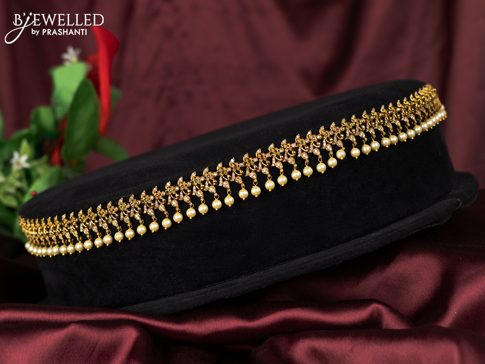 Antique hip chain with kemp & cz stones and pearl hangings