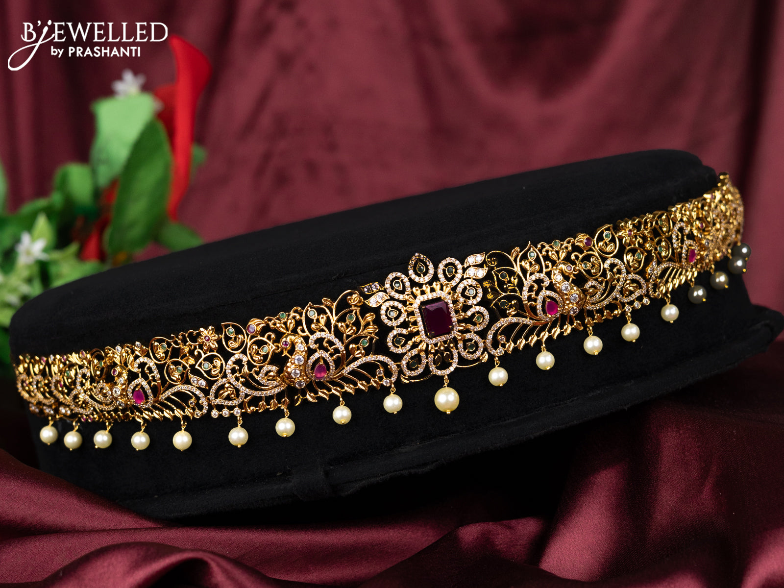 Antique hip belt peacock & floral design with kemp & cz stones and pearl hangings