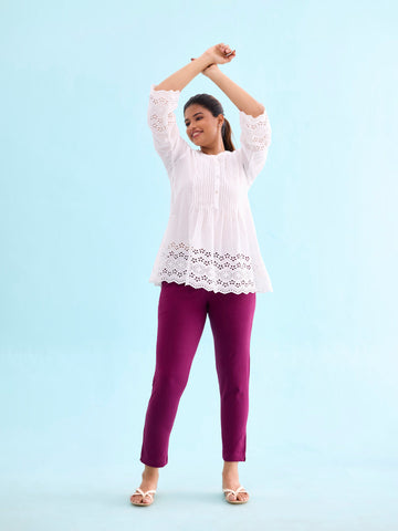 Women Solid Plum Cotton Kurti Pants