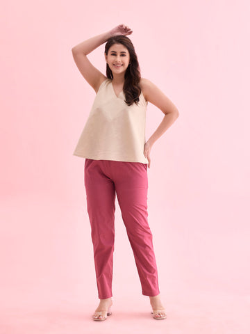 Women Solid Dark Pink Mid Rise Cotton Pants