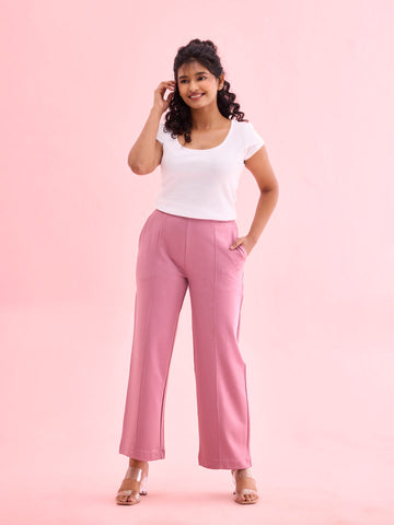 Women Solid Rusty Pink Ponte Wide Leg Pants