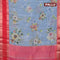 Banarasi kota saree bluish grey and red with floral digital prints and rettapet zari woven border