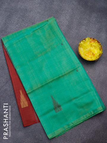 Banana pith saree dual shade of green and maroon with thread woven buttas in borderless style