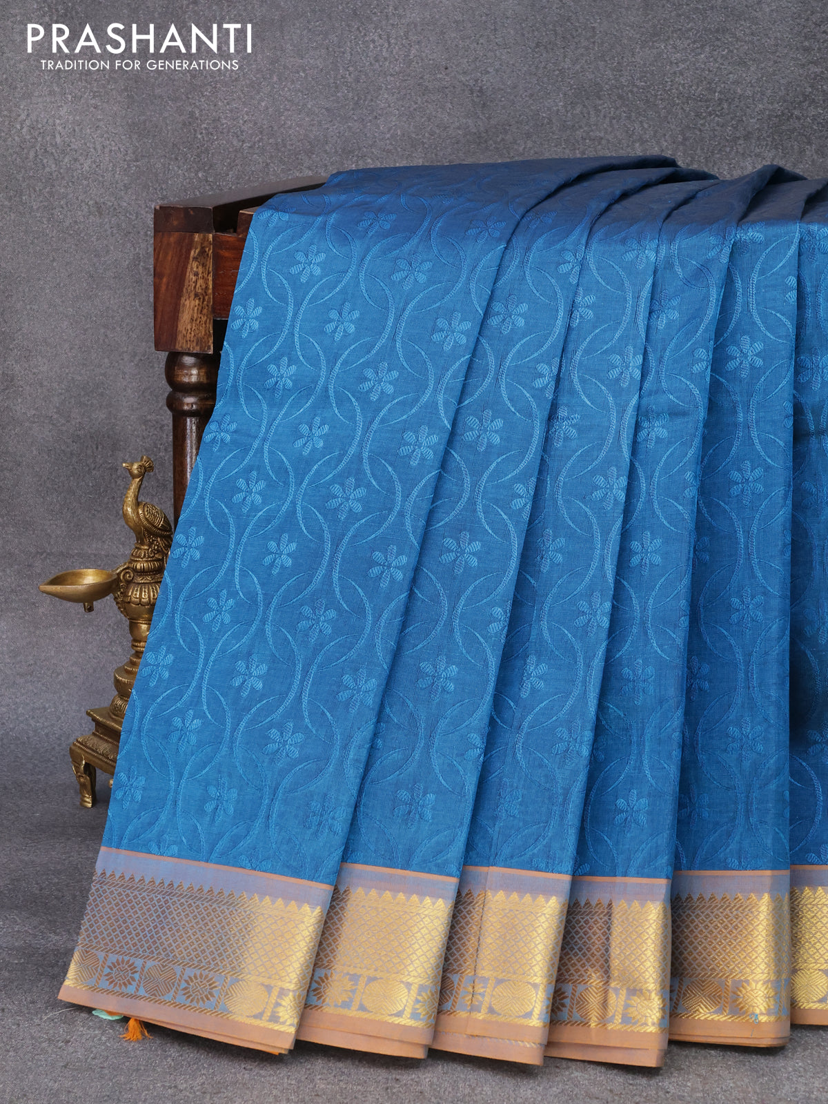 10 yards silk cotton saree cs blue and mustard yellow with allover self emboss jaquard and zari woven border without blouse