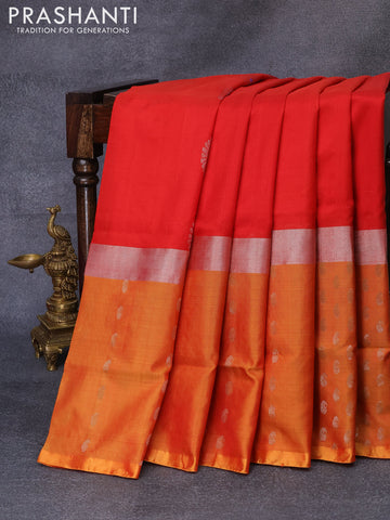 Pure uppada silk saree red and dual shade of mustard yellow with silver zari woven buttas and silver zari woven butta border