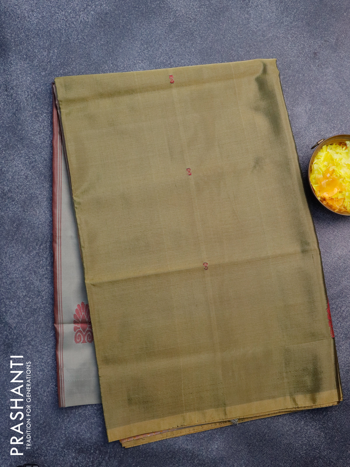 Banana pith saree dark mehendi green and grey with thread woven buttas in borderless style with blouse