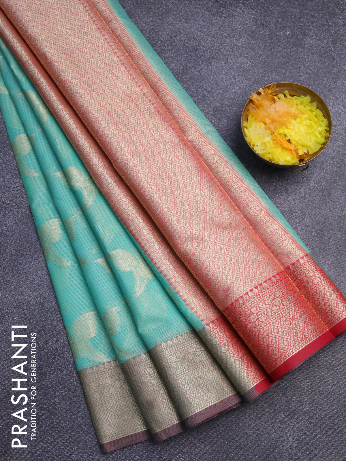 Banarasi kota saree teal blue and maroon with zari woven leaf buttas and zari woven border