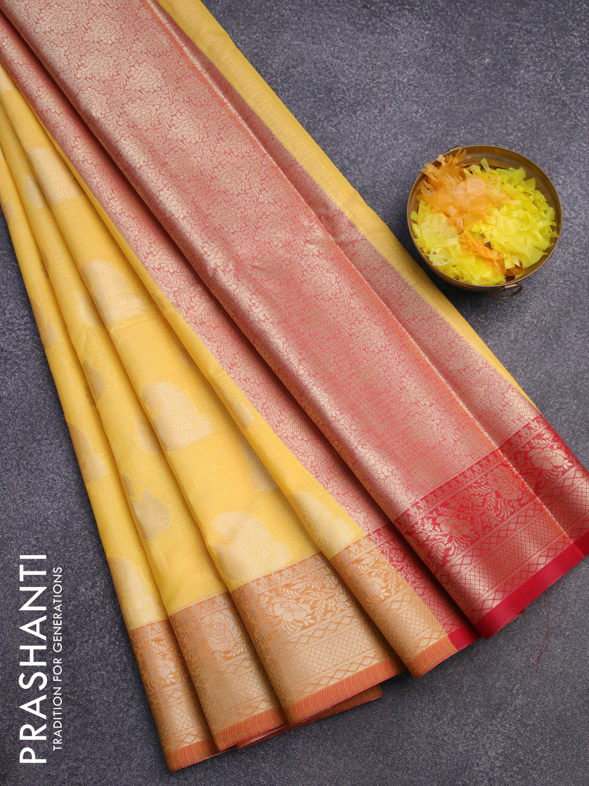 Banarasi kota saree yellow and red with zari woven paisley buttas and zari woven border