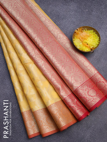 Banarasi kota saree yellow and red with allover zari weaves and zari woven floral border