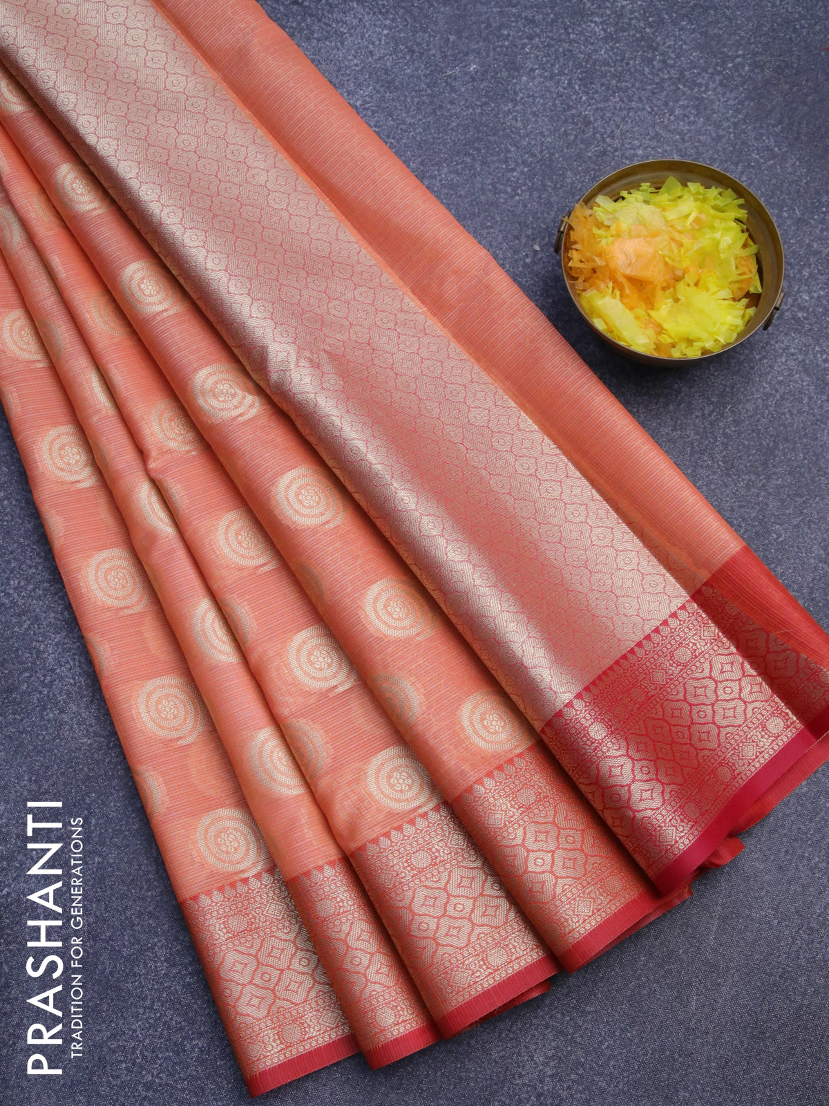 Banarasi kota saree peach orange and red with zari woven buttas and zari woven border