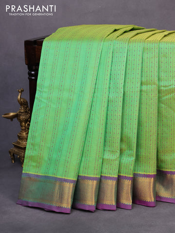 10 yards silk cotton saree light green and purple with allover thread checks & buttas and zari woven border