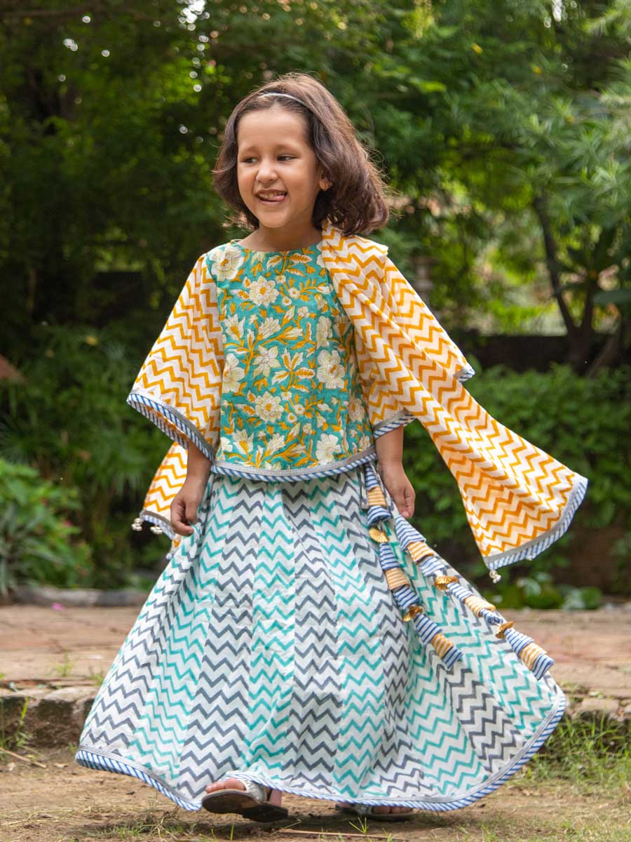 Ocean Wave Chevron Block Print Cotton Lehanga Set of 4