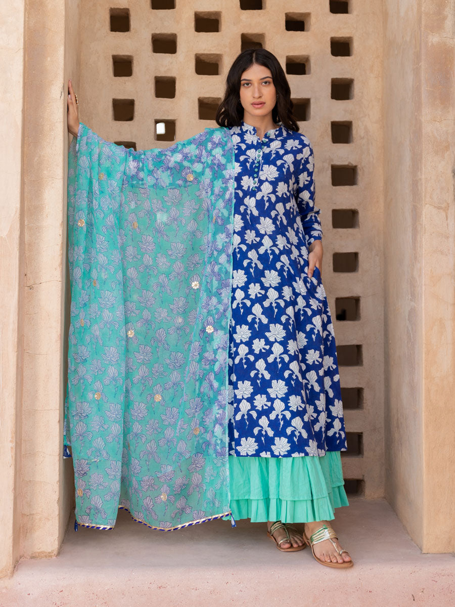 Turquoise Peony Silk Kota Doria Dupatta