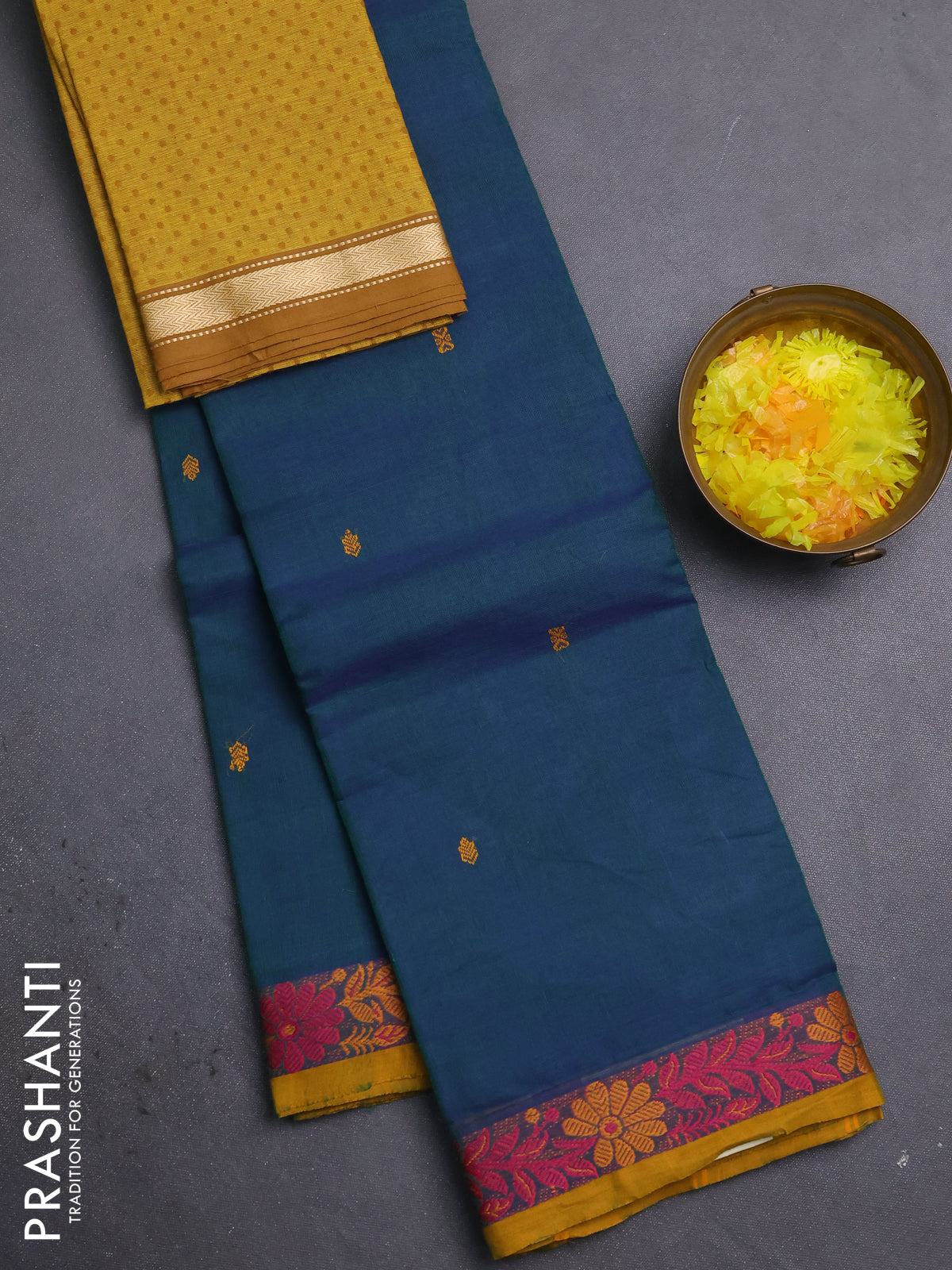 Chettinad cotton saree dual shade of bluish green and mustard yellow with thread woven buttas and thread woven border