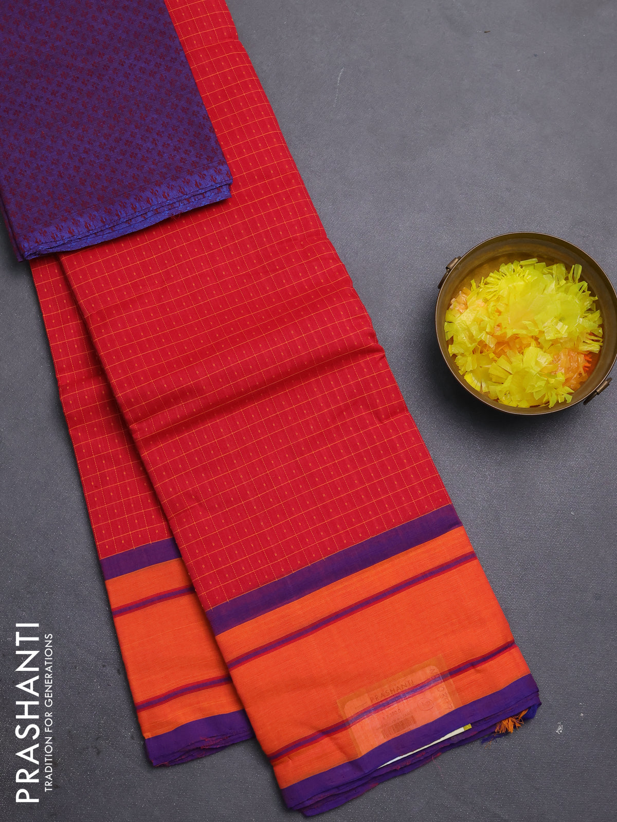 Chettinad cotton saree red and purple with allover checked pattern and simple border