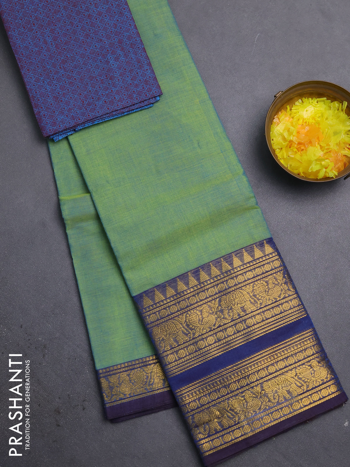 Chettinad cotton saree dual shade of green and blue with plain body and long zari woven border